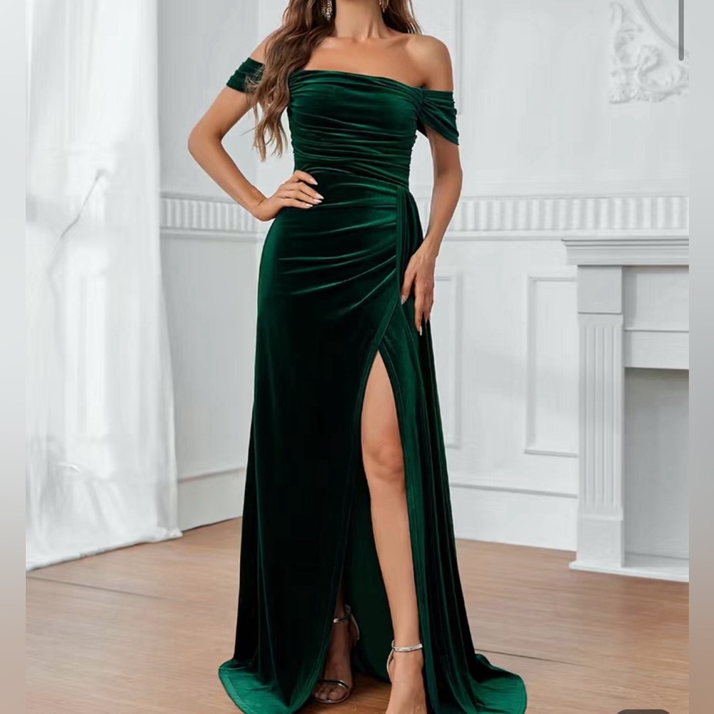 Formal evening gown with slit on left leg, forest green velvet, XL